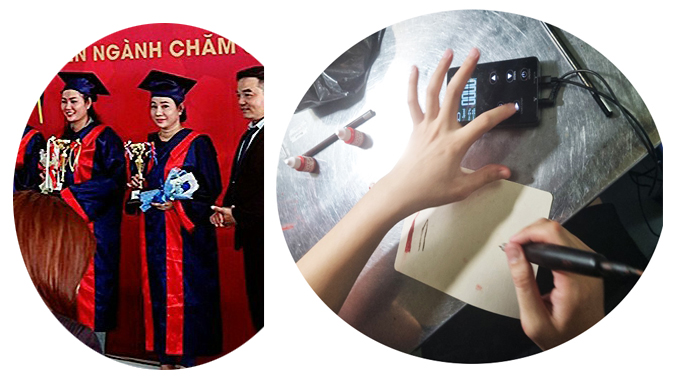 Giảng vi&ecirc;n tại Spa Ngọc Trinh đang hướng dẫn học vi&ecirc;n định cư thực h&agrave;nh đi sợi Hairstroke tr&ecirc;n mẫu thật